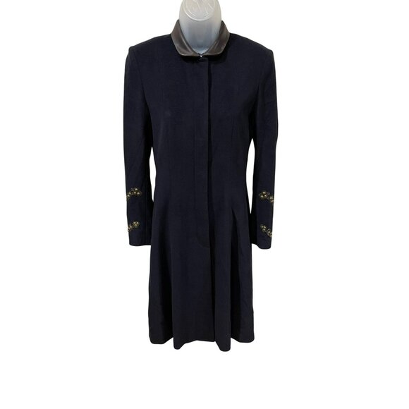 Shanghai Tang Womens Embellished Wool Coat with Leather Trim Black Size 4 - Picture 3 of 11